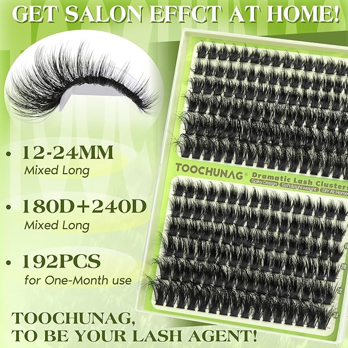 TOOCHUNAG Thick Lash Clusters 12-24mm Long Fluff Cluster Eyelash Extensions 180D+240D Spiky Curly Eyelash Clusters 192Pcs Wispy Soft Individual Lashes DIY Lash Extension