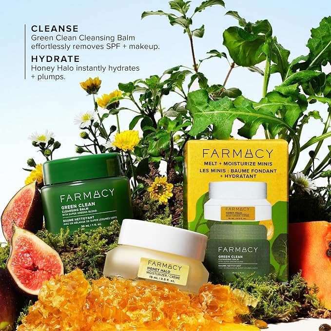 Farmacy Melt & Moisturize Duo - Travel Size Skin Care Set with Green Clean Makeup Remover Balm & Honey Halo Moisturizer Face Cream - Cleanses Skin & Hydrates for a Plump, Dewy Glow (2 Count)