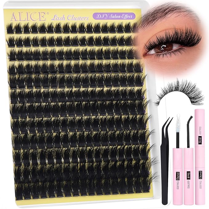 ALICE Fluffier Volume Lash Clusters Kit - Wispy Eyelash Clusters Kit 204pcs Thick 100D Spiky Russian D-Curly Anime Eyelash Extension Kit - Individual Lashes Kit with Lash Glue for DIY at Home