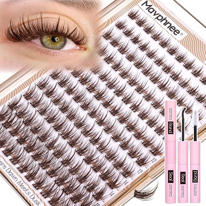 Brown Lash Clusters Kit Wispy Eyelash Extensions Kit Fairy Dark Brown Individual Lashes with Lash Bond and Seal 8-16MM C-Curly Clean Girl Beauty Natural Cluster Lashes (144Pcs, Brown Lash Glue)