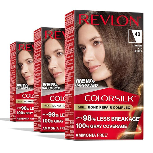 Revlon ColorSilk with Bond Repair Complex, Brown Permanent Hair Color, 100% Gray Coverage, Ammonia Free Hair Dye, Vegan Keratin, 40 Medium Ash Brown (Pack of 3)