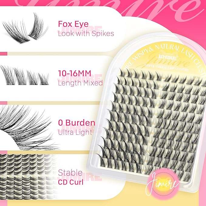JIMIRE Lash Clusters Kit Wispy Lash Extension Kit 10-16MM Manga Eyelash Clusters Left Right DIY Eyelash Extension Kit with Lash Bond and Seal Soft D-Curly Lashes Clusters 132Pcs