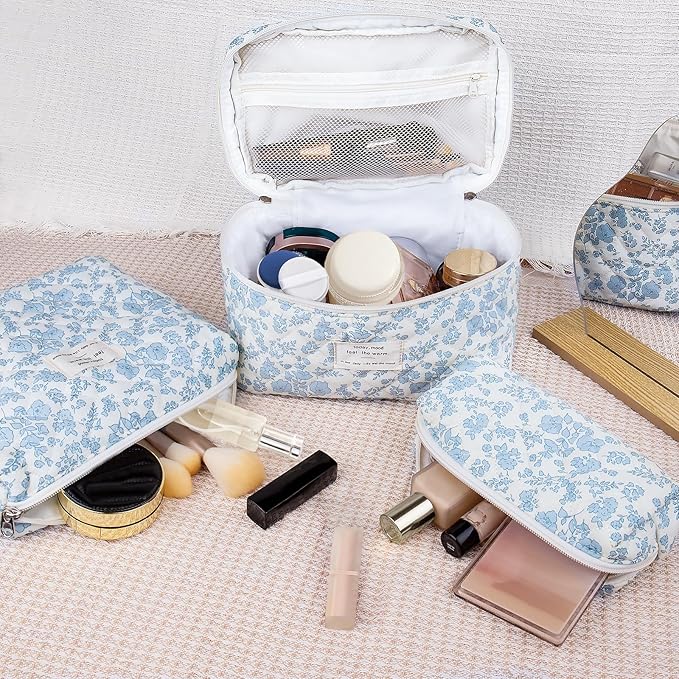 3PC Makeup Bag Set, Quilted Makeup Bag, Large Floral Cosmetic Bag for Women, Cute Cotton Makeup Bags, Flower Travel Toiletry Organizer Bag (Bear)