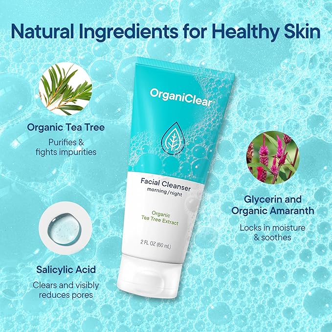 Facial Cleanser w/Organic Tea Tree & Salicylic Acid – Gentle Daily Foaming Gel Face Wash for Deep Cleansing & Makeup Removal – Unclogs Pores, Eliminates Dirt & Oil - No Dryness, (2 oz)