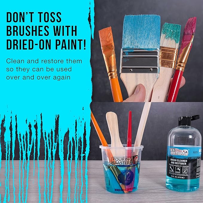 U.S. Art Supply Brush Cleaner and Restorer, 16 Ounce Bottle - Quickly Cleans Paint Brushes, Airbrushes, Art Tools - Cleaning Solution to Remove Dried On Acrylic, Oil and Water-Based Paint Colors
