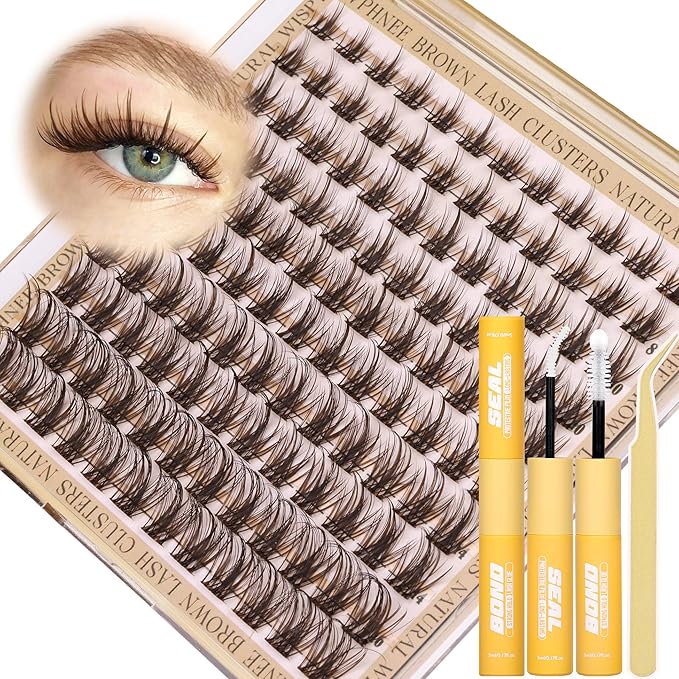 Brown Lash Clusters Kit Wispy Lashes Extensions Kit Natural Eyelash Clusters Waterproof Lash Bond and Seal Kit Dark Brown Cluster Lash C-Curly Individual Lash Pack 120Pcs DIY Lash Kit (8-16MM)