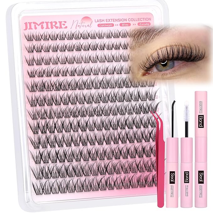 Wispy Lash Clusters Kit Natural Fairy Eyelash Clusters 8-16MM C Curly DIY Lash Extension Kit with Lash Bond and Seal and Tweezers Thin Band Fluffy Individual Lashes Clusters 192Pcs Pack by JIMIRE