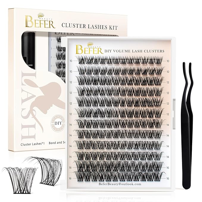 BEFER Lash Clusters, 144 Pcs D Curl Eyelash Clusters Volume Individual Lashes Extensions 10-16MM Wispy Eyelash with Tweezers DIY At Home(FD03,Radiance)