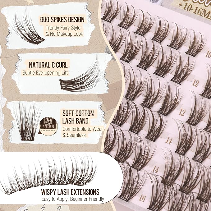 Mavphnee Brown Lash Clusters Wispy Cluster Eyelash Extensions Natural Cluster Lashes C-Curly Fairy Eyelash Clusters Dark Brown Individual Lashes Travel Pack DIY Anytime Anywhere (126Pcs, 10-16MM)