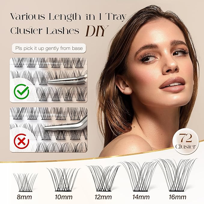 BEFER Lash Clusters, 72 Pcs D Curl Eyelash Super Fluffy Lightweight Individual Lashes 8-16MM Cluster Eyelash Extensions DIY At Home(Ethereal,FD36)