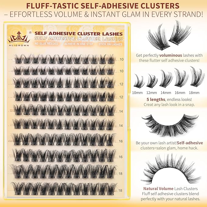 Self Adhesive Lash Clusters Natural No Glue Eyelashes Pre-glued Cluster Eyelash Extensions Wispy Reusable Self Adhesive Eyelash Clusters 120Pcs 10MM-18MM