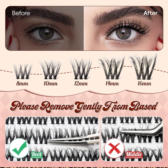 Lash Clusters 0.05mm PBT Fiber Eyelash Clusters, 0.1mm Superfine Invisiband D Curl Diy Lash Extension, 72pcs 8-16mm Individual Lashes Clusters Like Eyelash Extensions (Exotic-D-8-16Mix)