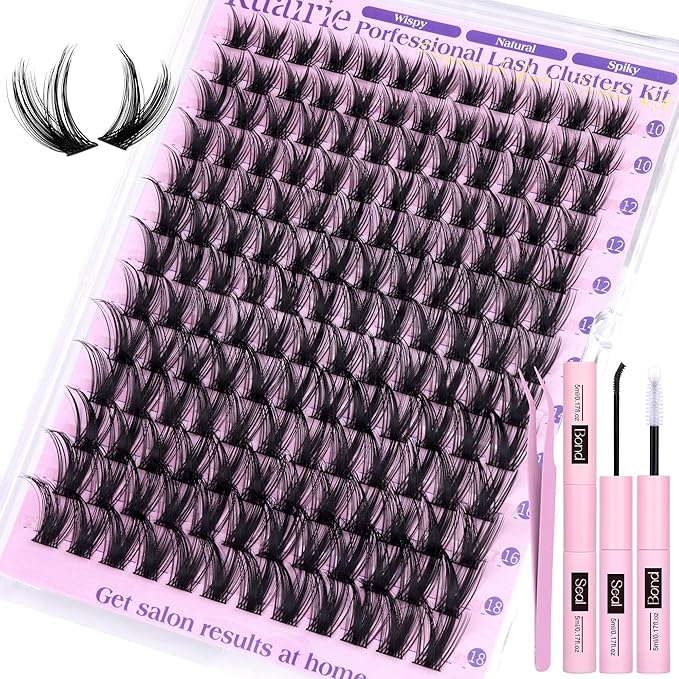 Ruairie Lash Clusters Kit Wispy Individual Lashes Extension Kit for Natural Volume Eyelash Clusters 156pcs 10-18mm DIY Cluster Eyelash Extension Kit with Bond and Seal Lash Glue, Tweezers