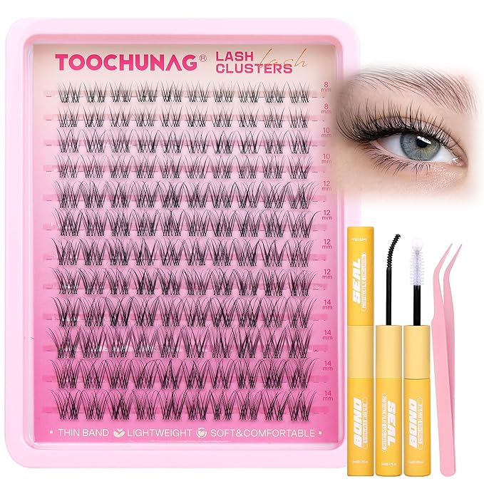 TOOCHUNAG Natural Lash Clusters Kit Wispy Lash Extensions Kit Venus 8-14mm Cluster Eyelash Extensions Invisible Band Lashes Clusters 120PCS C-Curly Eyelash Extensions Kit with Bond,Seal and Tweezers