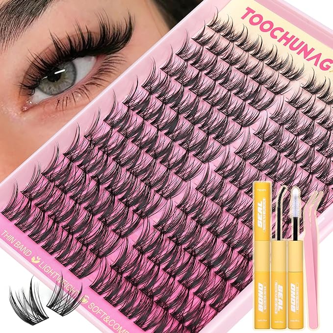 Wispy Lash Clusters Kit Spiky Manga Lashes Extension Kit 8-14mm Eyelash Clusters DIY Individual Lashes Clusters with Thin Band Cluster Eyelash Extensions Kit with Lash Glue&Tweezers by TOOCHUNAG