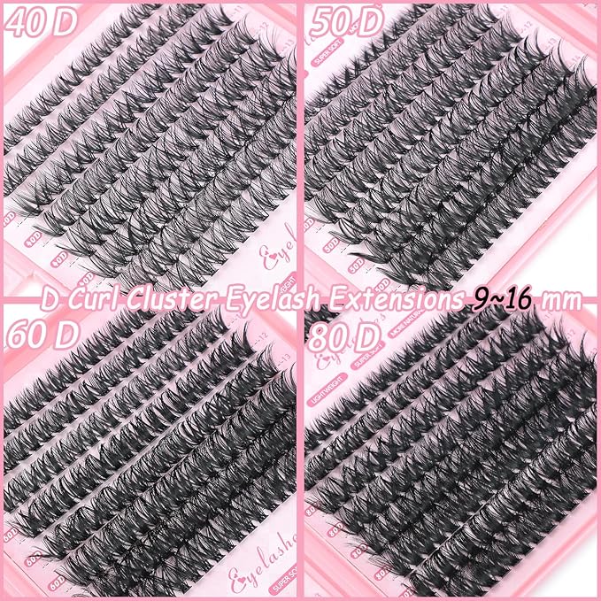 Lash Clusters Kit, 640 Pcs Eyelashes Clusters Extensions Kit 9-16mm Individual Lashes D Curl Fluffy Wispy False Eyelashes, with Bond Seal Remover Tweezers Brush DIY (40D+50D+60D+80D Kit 9-16 mm)