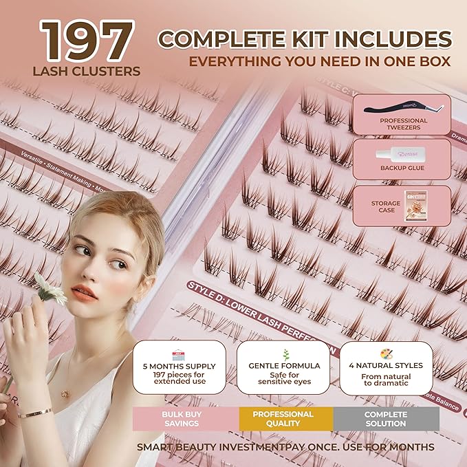 Brown Lash Clusters Pre Glued 197PCS Light Hair Individual Eyelashes No Glue Needed 3 Upper Style +1 Lower Styles Natural False Lashes Kit Tweezers