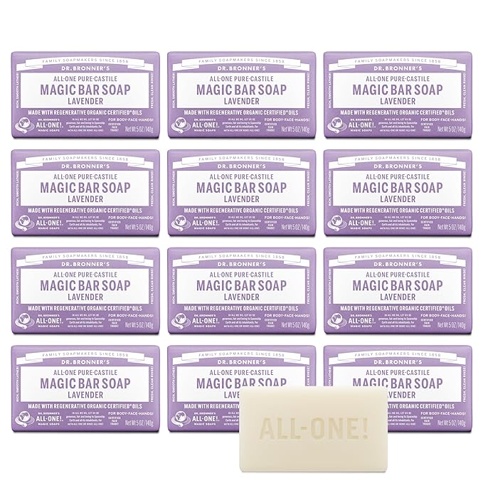 Dr. Bronner's Pure-Castile Magic Bar Soap (Lavender, 5 Ounce, 12-Pack) - Made with Regenerative Organic Certified Oils, For Face, Body & Hair, Gentle & Moisturizing, Biodegradable, Vegan, Cruelty-free