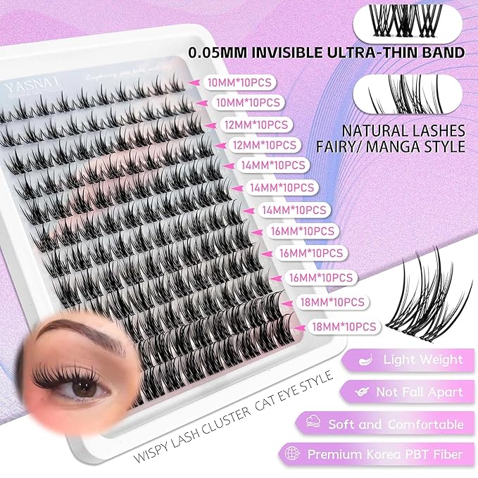 Natural Lash Clusters Fairy Wispy Manga Lash Extensions YASNAI Cluster C Curl Individual Lashes 10-18MM 120pcs, Spiky Anime Lashes Eye Lash Clusters Ultra-Thin Clear Lash Band