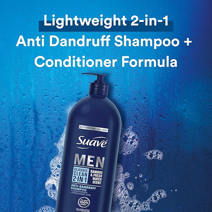 Suave Men 2 in 1 Anti Dandruff Shampoo and Conditioner, Classic Clean with Bamboo scent, 40 oz Pack of 3