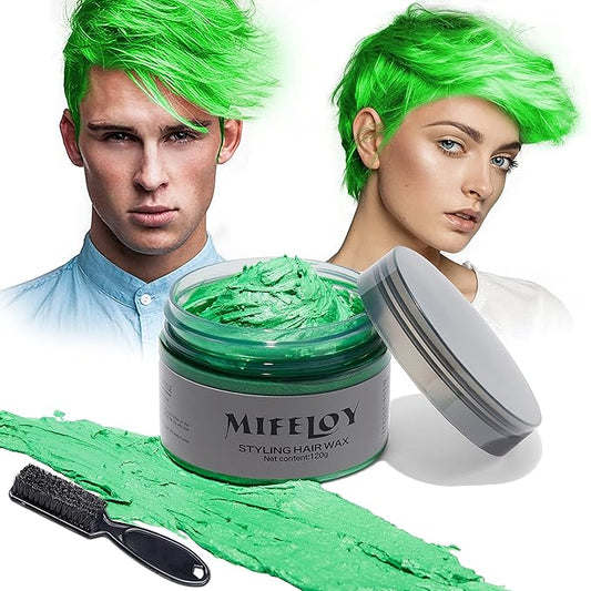 Temporary Green Hair Spray Color Wax with Dye Brush, Instant Natural Hairstyle Cream 4.23 oz, Disposable Coloring Mud for Men Women Youth, Washable Styling Pomades, Party Cosplay DIY Halloween