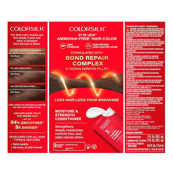Revlon ColorSilk with Bond Repair Complex, Brown Permanent Hair Color, 100% Gray Coverage, Ammonia Free Hair Dye, Vegan Keratin, 40 Medium Ash Brown (Pack of 3)