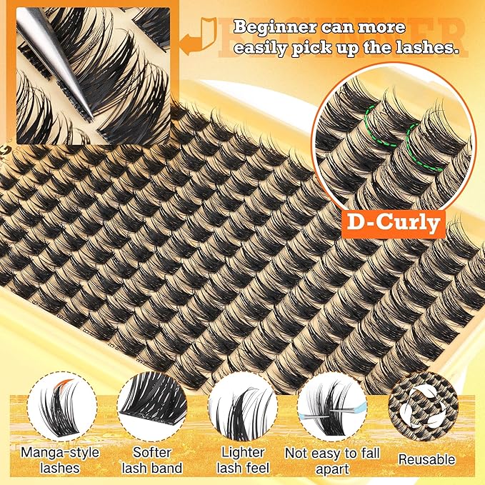 Spiky Manga Lash Clusters 180pcs D Curly Cluster Eyelash Extensions 12-20mm Long Eyelash Clusters Anime Lashes Clusters Thick Volume False Eyelashes Individual DIY Lash Extension by TOOCHUNAG