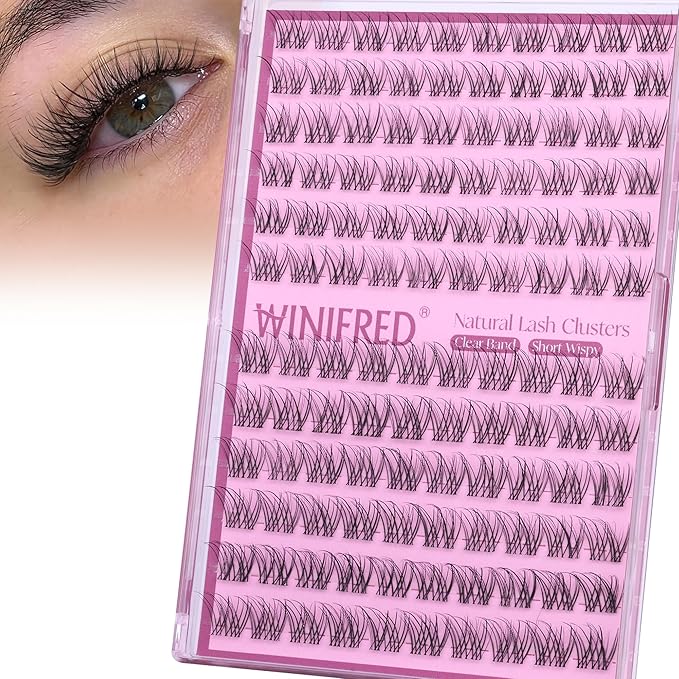 Winifred Natural Lash Clusters Wispy Eyelash Clusters 10-12mm Lashes Clusters C Curly Cluster Eyelash Extensions Clear Band Short Individual Lashes Natural Look Lash Extension