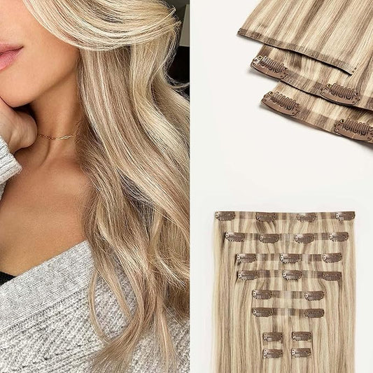 Luxy 100% Remy Human Hair - Seamless Clip-In Hair Extensions - Multi-Dimensional Color for Natural Blending, Adds Volume & Length 50 grams 12" Dimensional Cream Blonde