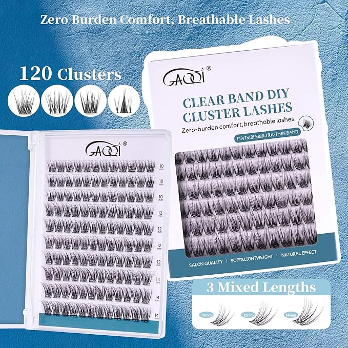 GAQQI Lash Clusters Natural Eyelash Clusters Invisible Band, 10-14mm Individual Lashes 120PCS, Cluster Eyelash Extensions C Curl, Wispy Cluster Lashes Ultra-thin & Soft Clear Band (MUSE)