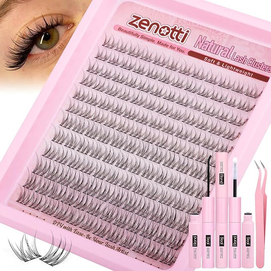 Natural Lash Clusters Kit Wispy Eyelash Clusters Kit Natural Lash Extension Kit C-Curly Individual Lashes Short Eyelash Extensions with Lash Bond and Seal and Eyelash Tweezers 9-12MM 144PCS by zenotti