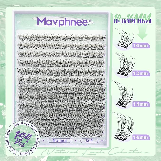 Natural Lash Clusters DIY Lash Extensions at Home 10-16MM Clean Beauty Eyelash Clusters 144PCS Individual Lashes C-Curly Cluster Lashes Pestañas Postizas Soft Cluster Eyelash Extensions DIY Beauty