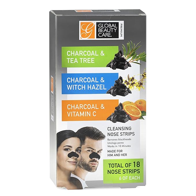 Global Beauty Care Premium 18 Nose Cleansing Strips VARIETY PACK Charcoal with Tea Tree, Witch Hazel, & Vitamin C For Blackheads Removal Strips - 18 Ct
