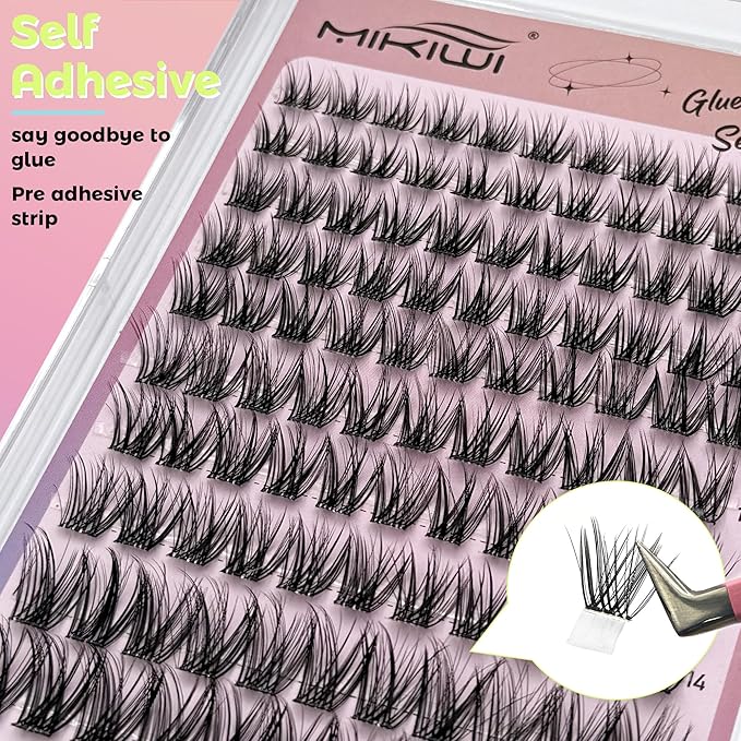 MIKIWI Self Adhesive Eyelashes, 10-16mm Pre Glued Eyelashes Clusters No Glue Natural Lash Clusters DIY Self Adhesive Lash Clusters