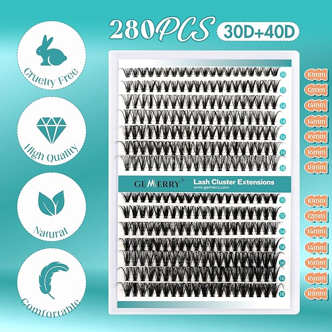 GEMERRY Lash Clusters 280pcs 30D+40D DIY Eyelash Extension D Curl Individual Lash Cluster Natural Eyelash Extension Mixed Tray Reusable Handmade Home Application (30D+40D-0.07D-10-18MIX)