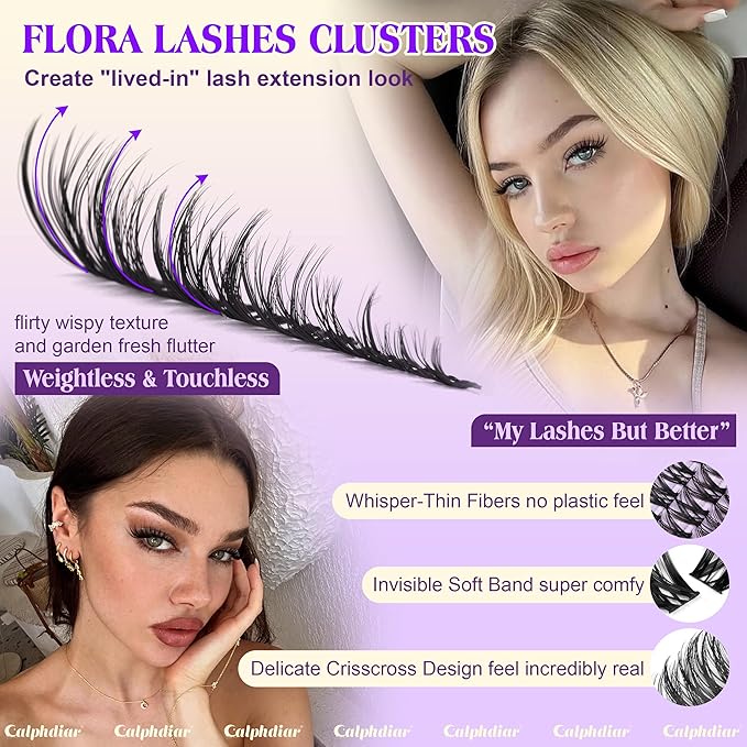 Flora Lash Clusters Kit Wispy Eyelash Extension Kit Natural Eyelash Clusters with Bottom Lashes 6-18mm Cluster Eyelash Extensions C Curly Individual Lashes Clusters Kit by calphdiar