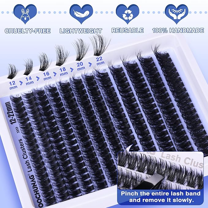 TOOCHUNAG Lash Extension Kit 12-22mm Fluff Cluster Eyelash Extension Kit 100D Thick Volume Lash Clusters Kit D Curly Wispy Cluster Lashes Individual with Lash Bond and Seal and Tweezers