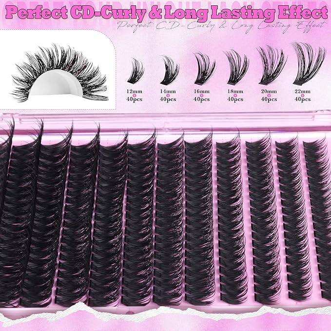 ALICE Eyelash Clusters Spiky Volume Lash Clusters Cluster Eyelash Extensions Fluffier Wispy 100D 240pcs 12-22mm CC- Curly Individual Lashes Fairy Salon Lash Extensions DIY at Home