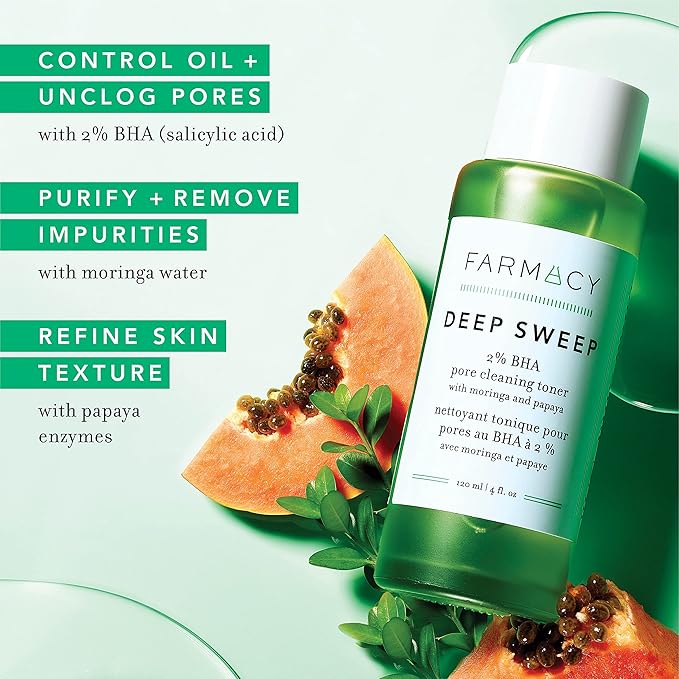 Farmacy 2% Salicylic Acid Toner for Face - Deep Sweep Gentle BHA Exfoliant for Oily Skin - Refines Texture with Papaya Enzymes & Moringa Water for a Healthy-Looking Complexion (10ml)