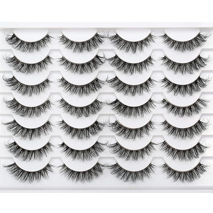 Pooplunch False Eyelashes Volume Wispy Cat Eye Lashes Natural Clear Band Fluttery Short Faux Mink Eye Lashes Fake Eyelash Strips 14 Pairs Pack