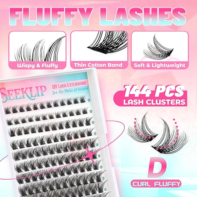 Lash Clusters 144PCS Individual Lashes 8-16MM Mixed Eyelash Clusters D Curl Cluster Lashes Fluffy Cluster Eyelash Extensions DIY Eyelashes Extension at Home (Fluffy-D)