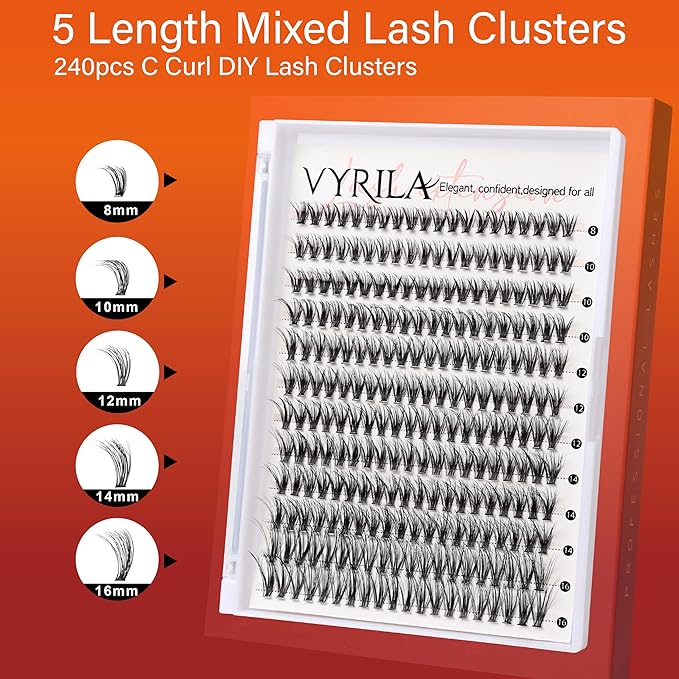 Lash Cluster 240pcs Individual Lashes,8-16mm Diy Lash Extension,C Curl Lash Clusters Wispy,3D Natural Lash Clusters Look Like Eyelash Extension DIY at Home (Orange 30P-C-8-16mix)