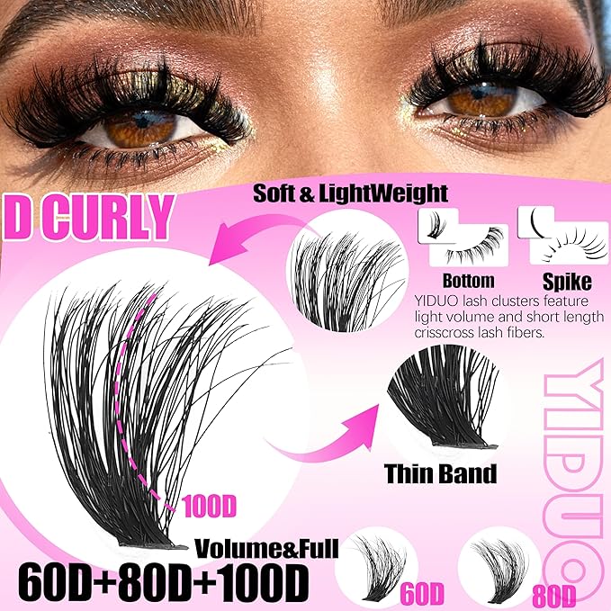 Lash Clusters Kit with Spikes Bottom Extensions False Eyelashes 808Pcs Bulk Packs with 2X Bond&Seal 3D Volume D Curl Wispy Individual Fake Eyelash Wholesale Large Pack for Beginners Gift Choice