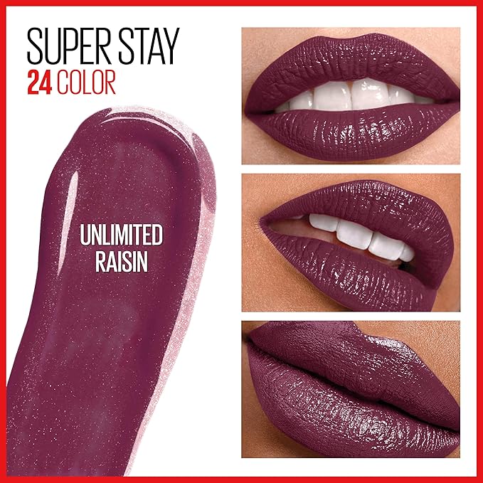 MAYBELLINE Super Stay 24, 2-Step Liquid Lipstick Makeup, Long Lasting Highly Pigmented Color with Moisturizing Balm, Unlimited Raisin, Purple, 1 Count (Pack of 2)