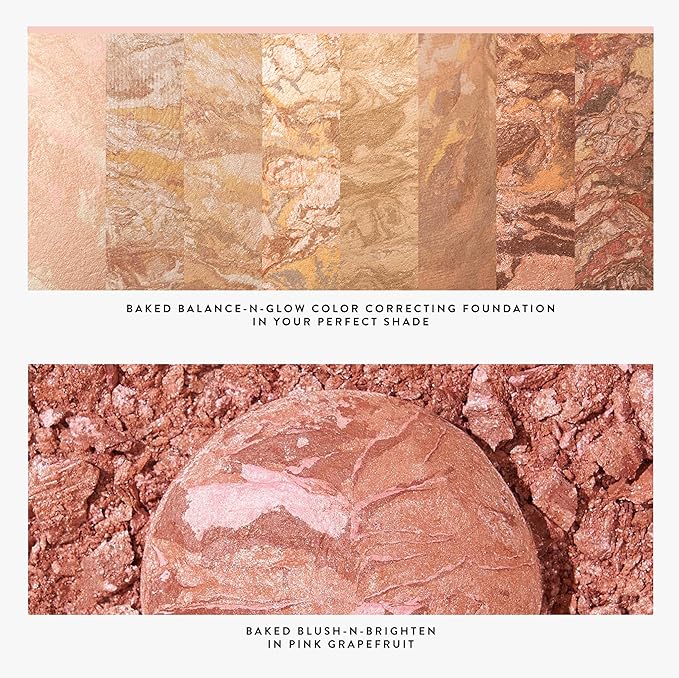 LAURA GELLER NEW YORK Blush-n-Glow Kit (3 PC): Baked Balance-N-Glow Illuminating Powder Foundation, Tan + Retractable Kabuki Brush + Baked Blush-N-Brighten, Pink Grapefruit