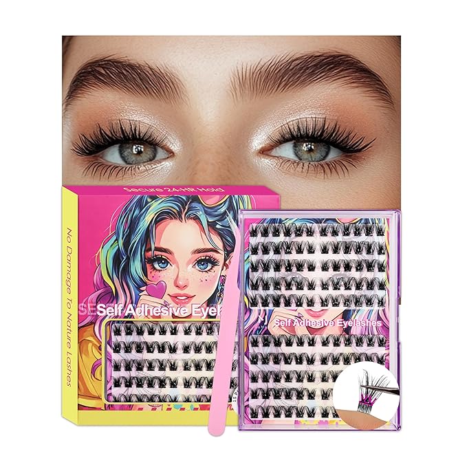 JoMay Self-Adhesive Eyelashes, Press on Lashes No Glue Needed, Glueless Pre-Glued D Curl Cluster Lashes for Beginners, No Residue, Pre-Separated L/R Eye, 1-Step DIY, 120PCS (X10)