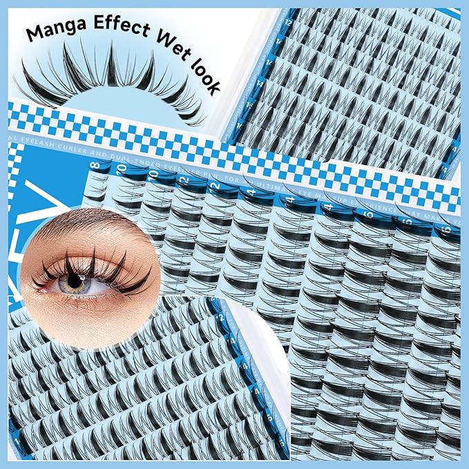 Fairy Lash Clusters Kit Manga Lash Extension Kit Invisible Band Anime Spiky Lash Clusters Eyelash Clusters Kit with Lash Bond and Seal(Fairy Kit-8-18mix)