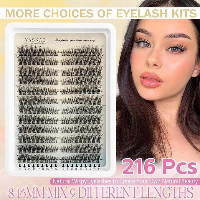 Lash Clusters Natural Look Wispy Cat Eye D Curl Lash Extensions Eyelash Clusters 8-16MM 216pcs Eye Lashes Extension, Yasnai Individual Eyelash Clusters DIY at Home