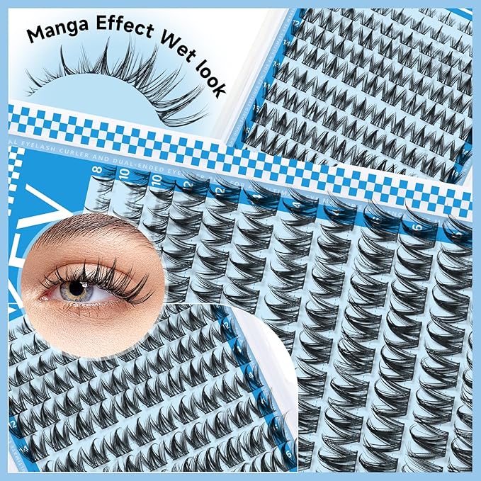 KEVKEV Fairy Lash Clusters Kit Manga Lash Extension Kit Invisible Band Spiky Lash Clusters Eyelash Clusters Kit with Lash Bond and Seal Lash Tweezers(Fairy Kit-8-18mix)