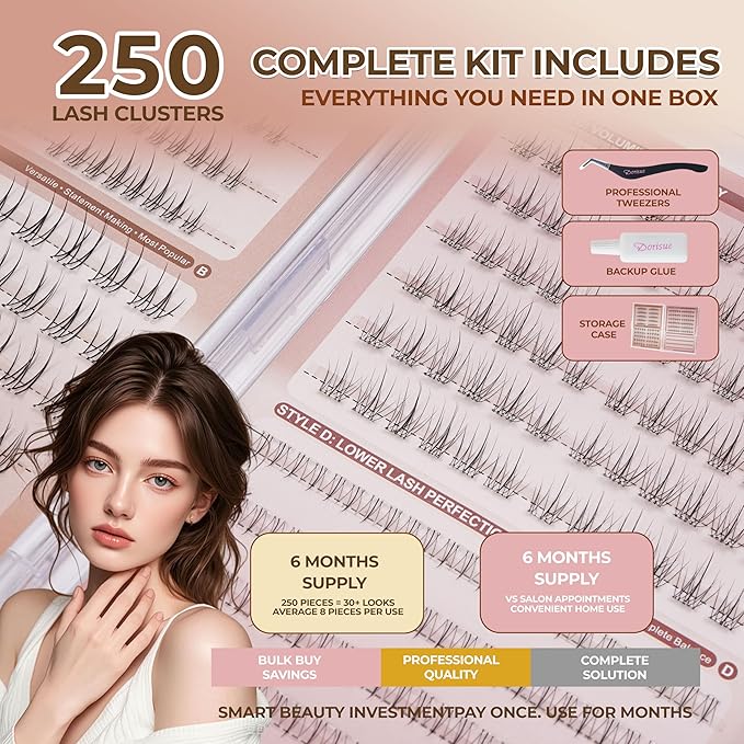 Natural Lash Clusters Pre Glued 250PCS Self Adhesive Individual Eyelashes No Glue Needed 4 Styles Upper Lower False Lashes Working Mom Extension Kit Tweezers